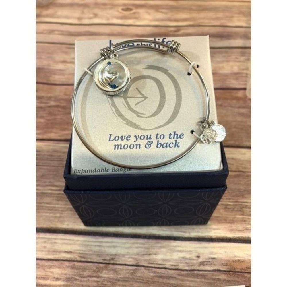 Love This Life Silver Tone Expandable Bangle Moon and Back Charm Bracelet Boxed